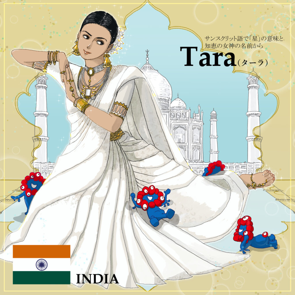 関西万博・インドの創作キャラクターとミャクミャクのイラスト・例1